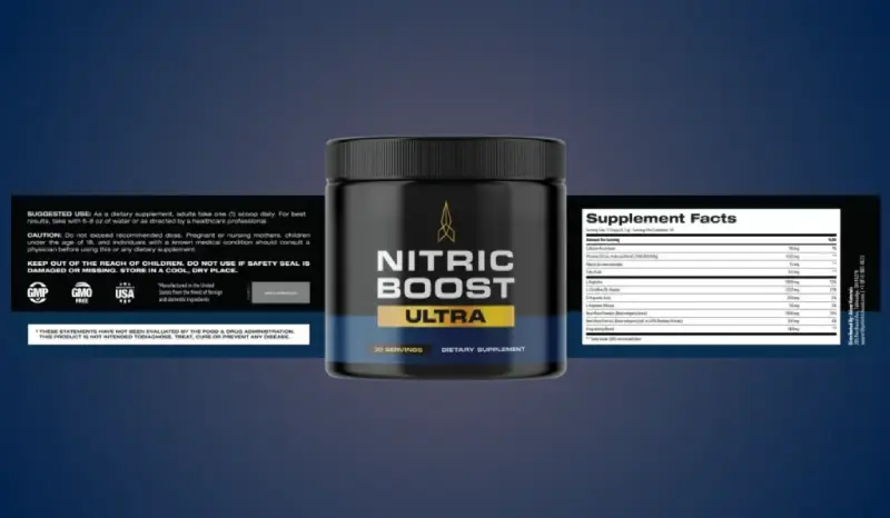 Supplement facts label for natural nitric oxide support formula designed to improve male energy, stamina, and circulation